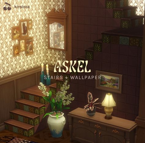 askel stairs – @kirsicca on Tumblr Stairs Wallpaper, Sims 4 Builds, Vinyl Records Wall, Records Wall, Sims Stories, Tile Stairs, Sims 4 Expansions, Sims 4 Cc Folder, Sims 4 House Design