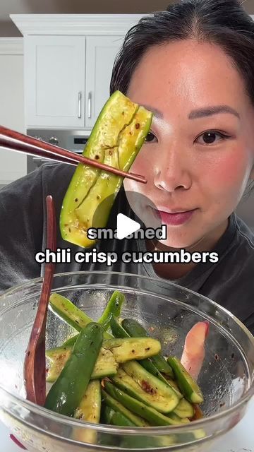 Asian Food | Recipes | Cooking on Instagram: "🥒 SMASHED CHILI CRISP CUCUMBERS 🥒 by @katchaomeow is 👌⁣
light, sweet, tangy, crunchy, and a little spicy! so easy to prepare. you can also meal prep and keep refridgerated up to 3-4 days ✨⁣
⁣
📌Save/share for your weekly meal rotation‼️⁣
⁣
Smashed Chili Crisp Cucumber Salad ⬇️:⁣
⁣
8 baby cucumbers⁣
1 tbsp white vinegar⁣
1 tbsp soy sauce (I used leekumkeeusa premium soy sauce)⁣
1 tbsp chili crisp (I used flybyjing sichuan chili crisp)⁣
1 tbsp sugar or sweetener of choice⁣
⁣
Optional: add minced garlic, sesame seeds, green onion for extra flavor!⁣
⁣
cut ends off of cucumber and cut in half.⁣
scoop out seeds of cucumber.⁣
lay cucumber skin side out and light smash with back of knife.⁣
mix dressings ingredients together and mix well with smashed Chinese Cucumber Recipe, Spicy Cucumber Salad Asian, Korean Cucumber Side Dish, Cucumber Recipes Healthy, Smashed Cucumbers, Smashed Cucumber Salad, Suddenly Salad, Spicy Cucumber Salad, Chili Crisp