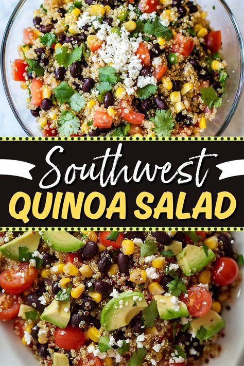 This Southwest quinoa salad is packed with delicious flavor! It has quinoa, corn, beans, tomatoes, peppers, and onions, all topped with a lime vinaigrette. Quinoa And Feta Recipes, Quinoa And Couscous Salad, Quinoa Salad Bowl Recipes, Healthy Lunch Quinoa, Quinoa Bowl Dressing Recipes, Quinoa Salad Vinaigrette, Mexican Food Salad, Tricolor Quinoa Salad, Quinoa Bean Salad Recipes