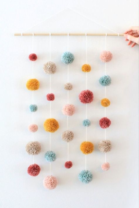 Pom Pom Wall Hanging, Pom Pom Wall, 14th Birthday Party Ideas, Yarn Wall Art, Diy Pom Pom, Handmade Yarn, Pom Pom Crafts, Yarn Pom Pom, Handmade Kids