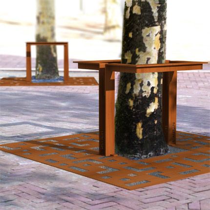 STREETLIFE CorTen Tree Guards. These CorTen, or weathering, steel tree guards are based on an understated, minimal design. There are detailed but not too outstanding. A nice alternative to the classic tree protector Tree Support Ideas, Rack Velo, Street Scape, Urban Planters, Tree Guards, Tree Protection, Square Tree, Public Furniture, Garden Swings