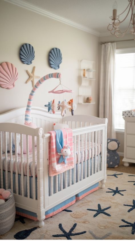 Nursery with white crib, pastel decorations, plush toys, and sea-themed accents. Marine Color Palette, Nursery Ideas Ocean, Ocean Nursery Ideas, Enchanting Nursery, Nautical Nursery Ideas, Fun Wallpapers, Ocean Themed Nursery, Ocean Wonders