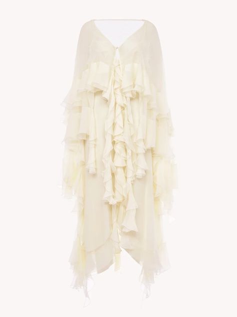 Chloe Women's Fall 2024 | Chloé BE official site Cape Dress Long, Long Ruffled Dress, Elegant Long Sleeve Wedding Dresses, Dress Outer, Asymmetrical Shirt, Chloe Dress, Chic Fall Outfits, Ruffled Dress, Long Shirt Dress