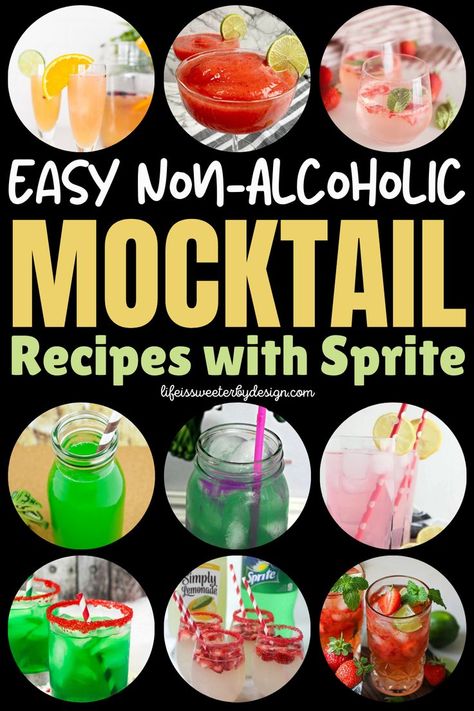 A collection of colorful and refreshing mocktail recipes with Sprite, showcasing family-friendly non-alcoholic drinks for any occasion. Mocktail With Sprite, How To Make Mocktails Non Alcoholic, Sprite Drinks Non Alcoholic, Fun Drink Recipes Non Alcoholic, Birthday Mocktails Non Alcoholic, Recipes With Sprite, Mocktail Ideas, Mocktails Non Alcoholic, Best Mocktails