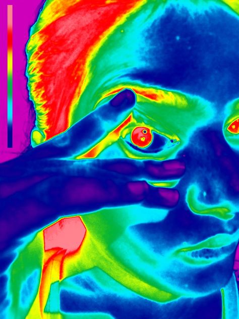 Saturated Art Style, Heat Detection Art, Infrared Aesthetic, Inverted Colors Art, Thermal Face Art, Heat Signature Art, Infrared Art, Thermal Art Aesthetic, Heat Photography