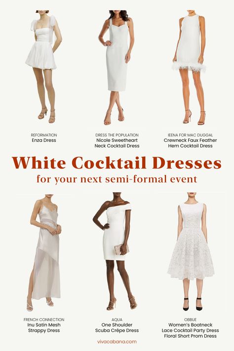 Cocktail dresses can be the most fun pieces in your wardrobe. Sequin, faux fur, ruffles, plunging neckline—the styles are ready to help you have the best night. While it’s tempting to wear your usual black, why not switch it up to an equally chic and easy-to-wear white cocktail dress? Just like your little black dress, your little white dress is easy to match colors. Minimalist Cocktail Dress, White Cocktail Party Outfit, Cocktail Dress White, White Cocktail Dresses, Cocktail White Dress, White Dress Code Party, Black And White Wedding Guest Outfit, Dress Code Cocktail, White Cocktail Dress Classy