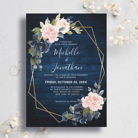 $2.65 | Rustic Wood Navy Blue Blush Pink Geometric Wedding #watercolor floral navy blue blush, soft pastel pink white roses, trendy rustic country barn autumn, elegant gold glitter geometric frame, modern flower themed wedding template, eucalyptus greenery leaves mid-summer, spring unique chic dark boho, popular winter wildflower outdoor dusty, simple botanical sage shades style, bohemian garden stylish royal foliage Wedding Invitations Leaves, Geometric Wedding Invitation, Spring Wedding Invitations, Elegant Bouquet, Sage Wedding, Winter Wedding Invitations, Geometric Frame, Wedding Invitations Boho, Geometric Wedding