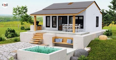 65 SQM Small Farm House Design 6.5m x 10m With 2 Bedroom & Pool With Fireplace - Engineering Discoveries Bedroom Pool, Space Saving Beds, Tiny House Nation, Rest House, House Construction Plan, Small Farmhouse, Tiny House Movement, Village House Design, Cabin Life