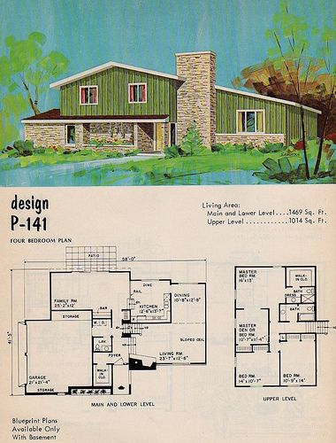 National Plan Service design P-141 | Flickr - Photo Sharing! Retro Home Floor Plans, 60s House Plans, 1950s House Floor Plans, 1950s House Exterior, Mid Century House Plans, Split Level House Plans, Vintage Floor Plans, Mid Century Modern House Plans, Oasis Springs