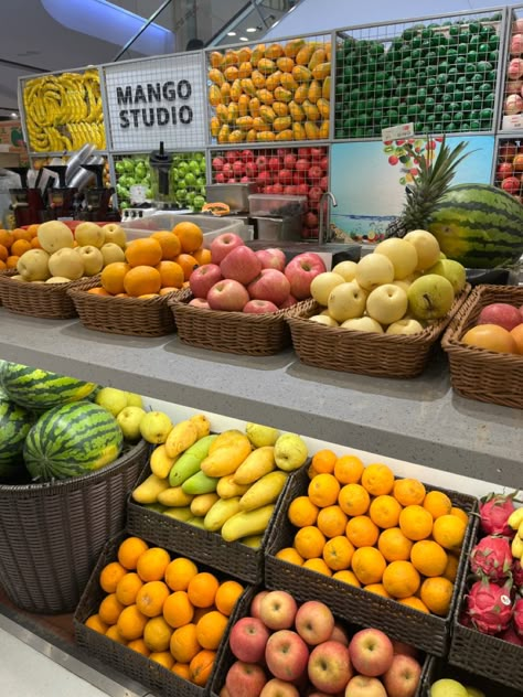 fruit, tropical, summer aesthetic, sweets, smoothies, refreshing Tropical Summer Aesthetic, Fruit Juice Shop Design Smoothie Bar, Fruits And Vegetables Shop Design, Fruit Grocery Aesthetic, Aesthetic Sweets, Fruit And Veg Market Aesthetic, Fruit And Veg Market, Juice Shop, Fruit And Veg Shop