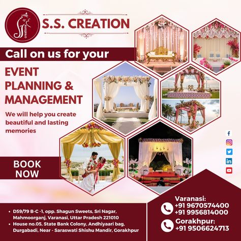 SS Creations is a professional wedding planning service based in Varanasi. We provide full-service wedding coordination services that help you plan each aspect of your special day and make it truly exceptional. With our bespoke approach, experienced team. Wedding / Myrah/ Mehndi / Sangeet/ Varmala/ Birthday / Anniversary / Destination Wedding & Many More!! Theme Events & Decorations : : Call📞 Or WhatsApp : 096705 74400 / 9956814000. : : : : #events #eventplanner #party #wedding #event Event Planner Poster, Event Planning Poster, Event Planning Flyer, Anniversary Destinations, Events Decorations, Event Management Services, Diwali Festival Of Lights, Birthday Background Images, Creative Planner