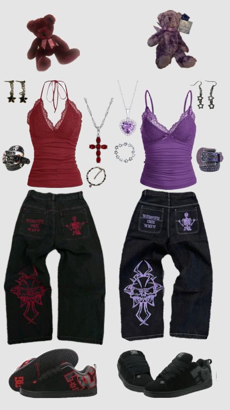 Duo girl fit🗣️ #duo #y2k #baggypants #bear #pin #matching #girlsfit #outfit #girlfit Concert Outfit Punk, Emo Concert Outfit, Emo Concert, Outfit Punk, Bff Matching Outfits, Bestie Outfits, Clueless Outfits, Cute Lazy Day Outfits, 2000s Fashion Outfits