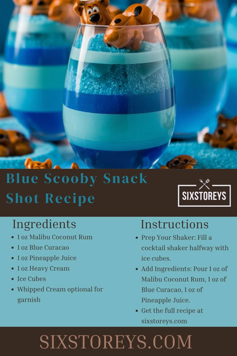 Blue Scooby Snack Shot Recipe Scooby Snack Shot Recipes, Scooby Snacks Recipe, Blue Food Ideas Party, Kid Cocktails, Tasty Shots, Scooby Snack Shot, Blue Party Foods, Drink Games, Shots Alcohol Recipes