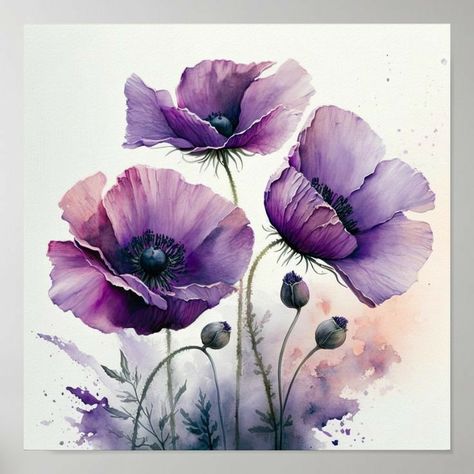 Anzac Poppy, Purple Flower Tattoos, Purple Poppy, Dark Purple Flowers, Poppy Drawing, Light Purple Flowers, Purple Poppies, Poppies Tattoo, Watercolor Greenery