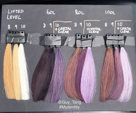 Hair color Guy Tang My Identity Dusty Lavender Demi Guy Tang Hair, Auburn Hair Balayage, Hair Color Swatches, Hair Levels, Lavender Hair Colors, Blonde Ombre Balayage, Hair Color Formulas, Guy Tang, Lilac Hair