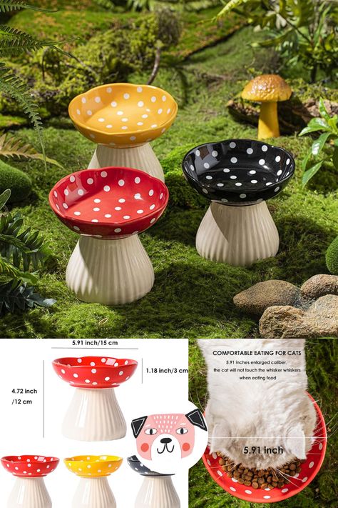 Treat your feline friend to the ultimate dining experience with this Cute Mushroom Raised Cat Bowl! Designed to reduce whisker fatigue, this elevated ceramic cat bowl is perfect for food and water. The wide, shallow dish ensures comfort while eating, and the charming mushroom design adds a playful touch to your home decor. Ideal for cats of all sizes, this raised cat food dish promotes better posture and helps keep your kitty happy and healthy.  This is an affiliate pin. Diy Raised Cat Food Bowl, Ceramic Cat Food Dish, Cute Cat Bowls, Ceramic Cat Bowls, Cute Bowls, Ceramic Cat Bowl, Cat Food Dish, Cat Water Bowl, Diy Bowl