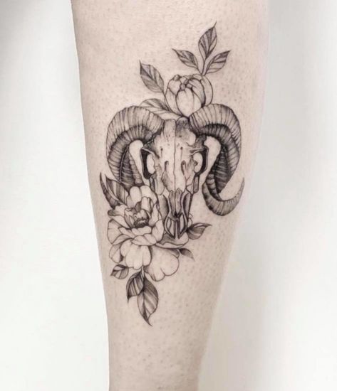 Large Aries Tattoo, Aries Realistic Tattoo, Ram Zodiac Tattoo, Ram With Flowers Tattoo, Aries Horoscope Tattoo, Aries Horns Tattoo, Tattoo Ideas For Aries Women, Aries Rose Tattoo, Womens Aries Tattoo