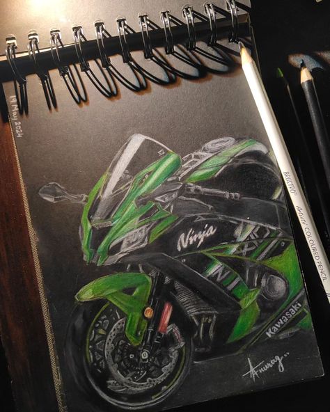 Kawasaki Ninja ZX 10R Medium: Pencil Colors White and black pencils @brustro_official Colored pencils black edition @fabercastell_india #ninja #kawasaki #zx10r #illustration #art #artist #artifydesouls #superbikes #teamgreen #kawasakiindia @kawasaki_india @kawasaki_kuwait @kawasakiusa @__kawasaki_h2r_ Kawasaki Ninja H2r Drawing, Manic Drawings, Kawasaki Drawing, Ninja Drawing, Kawasaki Ninja Bike, Kawasaki Ninja H2r, Ninja Motorcycle, Kawasaki Ninja 250r, Kawasaki Zx10r