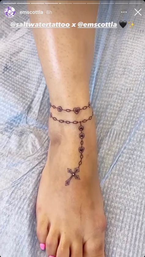 Hand Tats For Women Aesthetic, Rosary Tattoo On Leg, Red Rosary Tattoo, Ankle Cross Tattoo, Rosary Tattoo For Women Arm, Rosary Foot Tattoo, Rosary Anklet Tattoo, Ankle Rosary Tattoo, Ankle Rosary Tattoo For Women