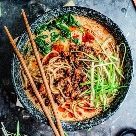 Vegan Tantanmen Ramen (Tan Tan Ramen) Vegan Tan Tan Ramen, Vegan Tantanmen, Tantanmen Ramen Recipe, Tantanmen Ramen, Tan Tan Ramen, Garlic Chili Oil, Black Bean Pasta, Vegetarian Dip, Vegan Japanese