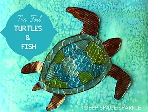 This lesson was inspired by a lesson in The Usborne Book of Art Projects. It was a huge hit with my third grade class. The lesson in the book focused on fish but I thought a sea turtle would look lovely swimming in the glittery waters. Here’s How: Creating the Background There are a couple … Fish Collage, Third Grade Art, Deep Space Sparkle, Sea Turtle Art, 2nd Grade Art, 4th Grade Art, 3rd Grade Art, Elementary Art Projects, Tin Foil