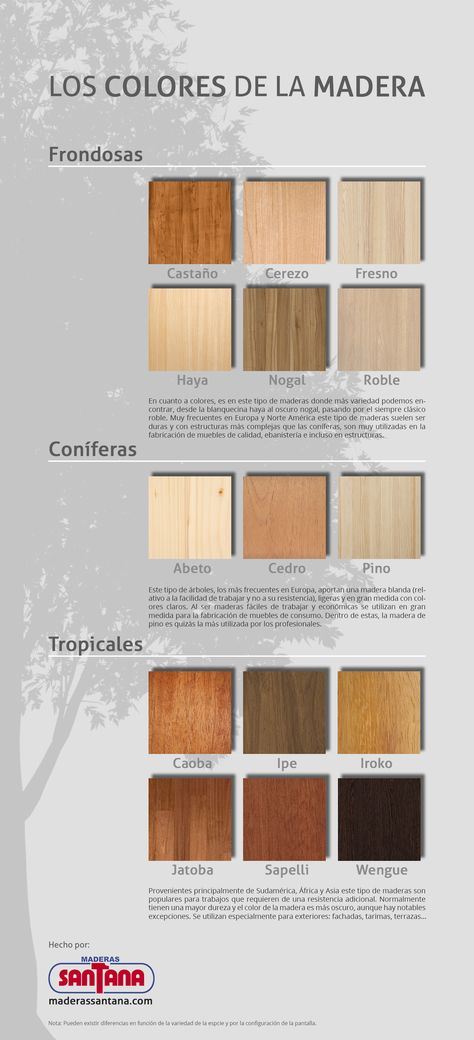 http://www.maderassantana.com/colores-madera/  #infografía colores de la madera Urban Rugs, Tableware Ideas, Veneer Texture, Bed Designs With Storage, Rustic Tableware, Garden Nails, Rugs Ideas, Decorative Wallpaper, Pallet Furniture Designs