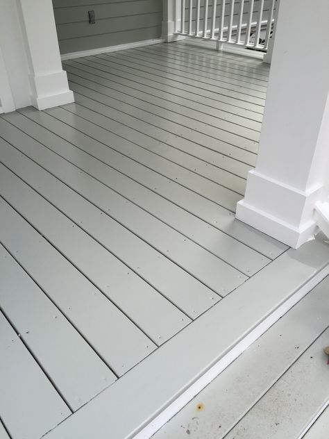 Deck Stain Colors For White House, Painted Front Deck, Front Porch Decking, Composite Front Porch Ideas, Deck Colors Ideas Paint White House, Grey Porch Floor, Light Gray Deck, White House Deck Color, White Painted Deck