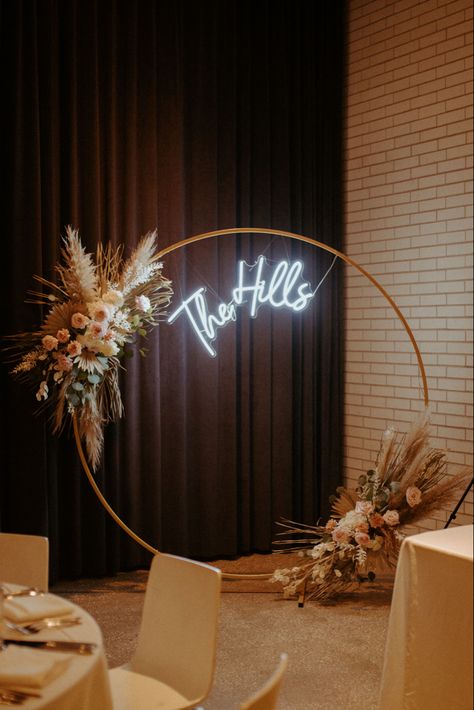 Boho Neon wedding sign, florals Neon Wedding Sign Backdrop Boho, Neon Sign Hanging From Arch, Bridal Shower Floral Arch, Circle Arch Wedding Neon Sign, Arch With Neon Sign Wedding, Backdrops With Neon Signs, Circle Arch With Neon Sign, Wedding Arch Neon Sign, Wedding Arch With Neon Sign