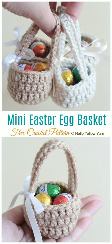 Mini Easter Treat Basket Free Crochet Patterns Crochet Easter Basket Pattern, Easter Crochet Patterns Free, Easter Basket Pattern, Mini Easter Basket, Crochet Easter Basket, Crochet Basket Pattern Free, Treat Basket, Easter Egg Basket, Crochet Easter