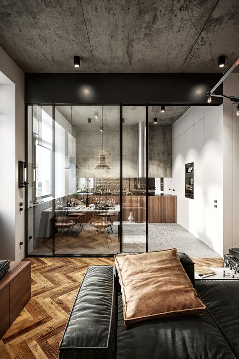 Industrialism on Behance Small Apartment Industrial Design, Industrial Apartment Design, Small Industrial House, Industrial Small House, Small Industrial Living Room, Small Industrial Apartment, Industrial Apartment Decor, Industrial Apartment, Industrial Home Design