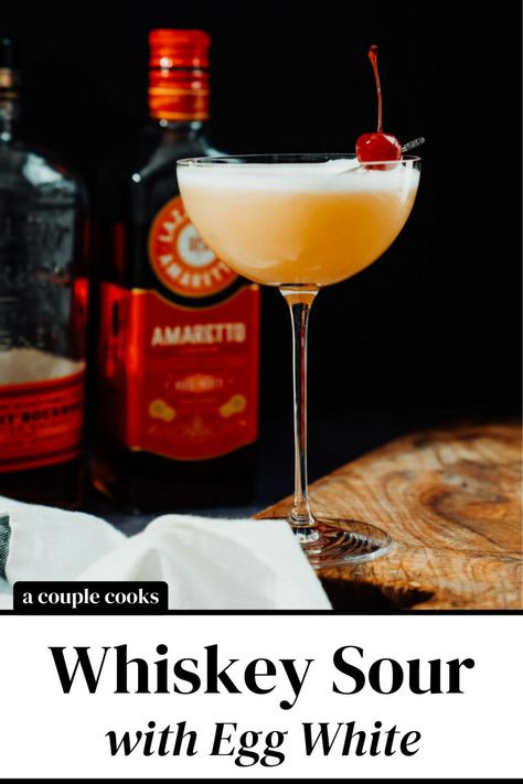 Here's how to make a whiskey sour with egg white! The frothy foam topping is the cherry on top of this classic cocktail recipe. #whiskeysour #whiskeysoureggwhite #eggwhite #eggwhitecocktails Whiskey & Whit, Egg White Cocktail Recipes, Egg White Cocktails, Whiskey Sour Egg White, Whisky Sour With Egg White, Girls Night Drinks Cocktails, Cold Dip Recipes, Best Fish Recipes, Vegan Brunch Recipes