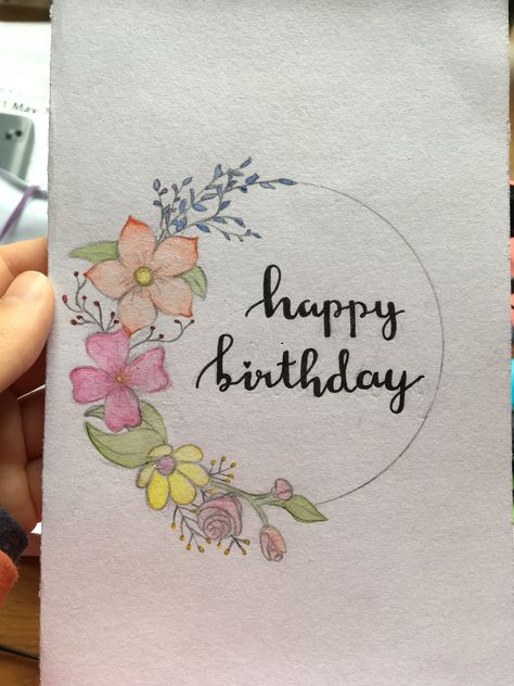 Floral handmade birthday card with watercolour. Happy Birthday Cards Calligraphy, Floral Happy Birthday Card, Birthday Card Ideas Aesthetic Flowers, How To Draw Birthday Cards, Birthday Card Watercolour Ideas, Calligraphy Happy Birthday Card, Happy Birthday Mom Diy Card, Happy Birthday Mom Card Handmade, Creative Birthday Cards For Mom Cute Ideas