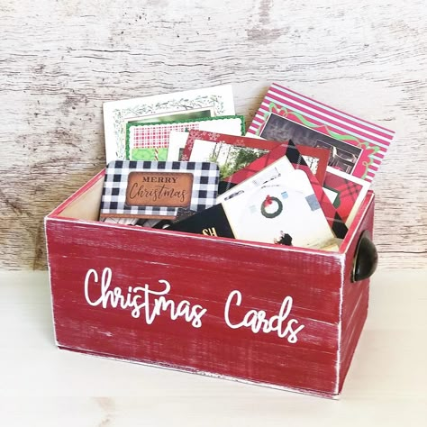 Quick & Stylish Christmas Card Holder Ideas - The Turquoise Home Wooden Crates Christmas, Christmas Card Holder Display, Merry Mail, Christmas Card Holder, Christmas Card Display, Rustic Farmhouse Christmas, Card Box Holder, Storage Crate, Farmhouse Style Christmas