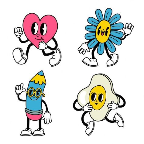 Line Art Cartoon Character, Rubber Hose Tattoo, Flower Character, Cartoon Doodles, Heart Character, Cartoon Style Drawing, Draw Cartoon, Wallpaper Retro, Graphisches Design