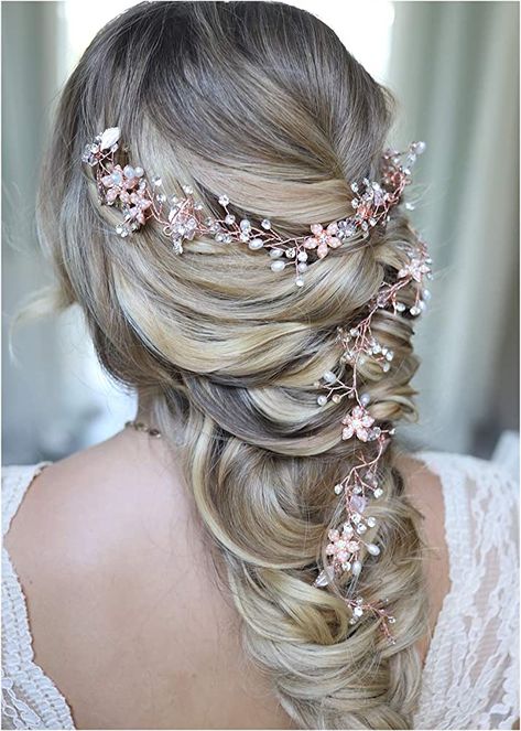 Bridal Long Hair, Hair Wedding Accessories, Hair Accessories For Brides, Rose Gold Hair Vine, Bohemian Headpiece, Long Hair Vine, Pearl Bridal Hair, Rose Gold Accessories, Gold Hair Vine