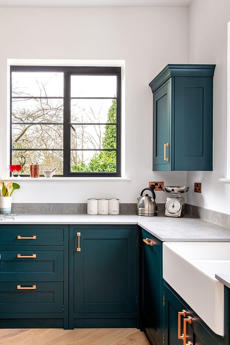 See more of this bespoke kitchens details on our website Jewel Tone Cabinets, Colored Countertops, Winfield House, Navy Kitchen Cabinets, Dark Kitchens, Navy Blue Kitchen Cabinets, Blue Kitchen Designs, Navy Blue Kitchen, Navy Kitchen