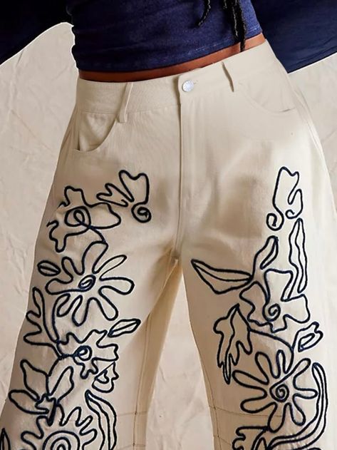 Black embroidered details baggy pants - Wapas Trouser Embroidery, Baggy Embroidered Pants For Spring, Baggy Embroidered Cotton Bottoms, Spring Embroidered Baggy Pants, Embroidery On Pants, Casual Embroidered Baggy Jeans, Patterned Pants, Cool Pants, Embroidered Non-stretch Denim Pants