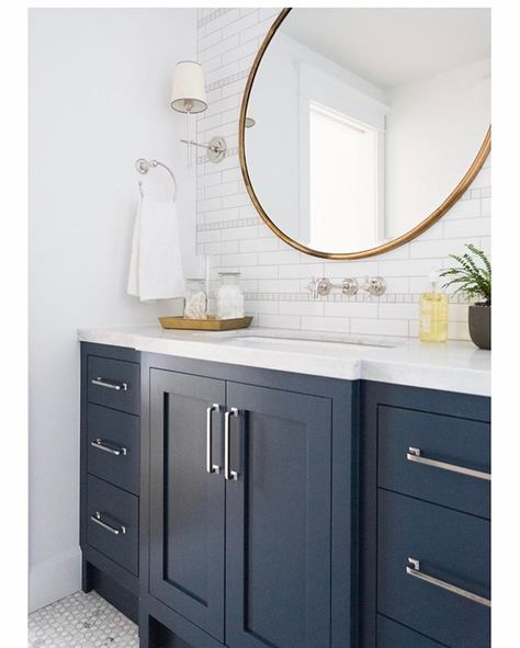 Vanity paint color  Gentleman’s Gray by Benjamin Moore Makeover Kamar Mandi, Navy Blue Bathrooms, Navy Bathroom, Blue Bathroom Vanity, Blue Bathroom Decor, Hale Navy, Blue Vanity, Bad Inspiration, Decor Baie