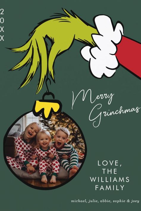 The Grinch Merry Grinchmas Family Photo Christmas Holiday Postcard
Celebrate the Holidays with The Grinch this year! This green holiday card features the text "Merry Grinchmas" and the iconic Grinch hand. Personalize by adding your favorite family photo, and names. Grinch Christmas Cards, Chalkboard Holiday, Family Photo Christmas, Grinch Hand, Happy New Year Love, Baby Grinch, The More The Merrier, Merry Grinchmas, Holiday Postcard