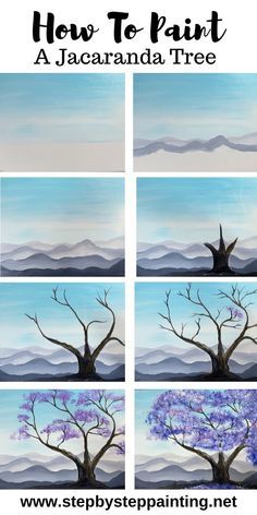 Jacaranda Tree, Canvas Painting Tutorials, Simple Canvas Paintings, Easy Canvas Painting, Painting Art Lesson, Canvas Painting Diy, Simple Acrylic Paintings, Step By Step Painting, Night Painting