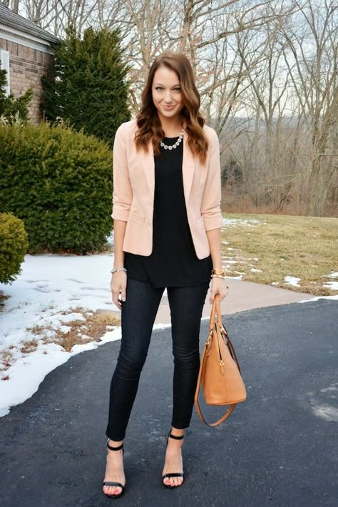 http://www.lovelenore.com/2014/03/march-remix-little-black-t-shirt-1.html What To Wear With Khaki Pants Work, Peach Shirt Outfit For Women, Peach And Black Outfit, Peach Blazer Outfits For Women, Blush Pink Blazer Outfit, Peach Blazer Outfit, Salmon Blazer, Pink Blazer Outfit, Blush Blazer