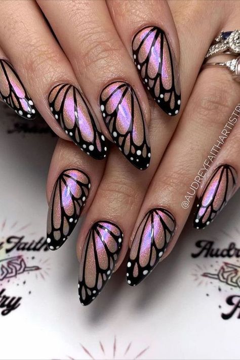 These long almond nails showcase a dazzling pinkish chrome base by @audreyfaithartistry adorned with intricate butterfly wing patterns, adding a touch of elegance and whimsy to your manicure. Perfect for those seeking a sophisticated yet playful nail design. Discover endless inspiration for your next manicure with Nailustrous – explore our collection of the best 25 butterfly nail design ideas now! Butterfly Design Nail Art, Butterfly Wing Nails, Butterfly Nail Design, Butterfly Wings Pattern, Long Almond Nails, Butterfly Nail Designs, Long Almond, Butterfly Nails, Butterfly Nail Art