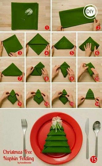 Wonderful DIY Tasteful Napkin Christmas Tree  Add tasteful trimmings to your holiday place settings with these clever Christmas tree napkins! You’ll be surprised how quick and simple it … wonderfuldiy.com/wonderful-diy-tasteful-napkin-christmas-... Julkransar Diy, Christmas Tree Napkin Fold, Christmas Tree Napkin, Tree Napkin, Christmas Tree Napkins, Diy Napkins, How To Fold, Napkin Folding, Christmas 2014