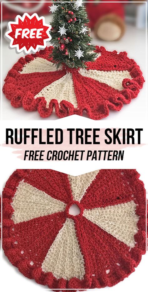 crochet Ruffled Mini Tree Skirt free pattern - easy crochet christmas pattern for beginners Tree Skirt Crochet, Christmas Tree Skirt Crochet Pattern, Mini Tree Skirt, Crochet Tree Skirt, Ruffled Tree Skirt, Leg Warmers Crochet Pattern, Leg Warmers Pattern, Christmas Tree Skirts Patterns, Skirt Pattern Free