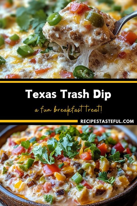 Texas Trash Dip is a rich and cheesy appetizer that's perfect for parties and gatherings. With layers of cream cheese, refried beans, and a blend of flavorful cheeses, this dip is sure to be a crowd-pleaser. Serve it warm with tortilla chips for a delicious snack! Refried Bean And Cheese Dip, Bacon Jalapeño Texas Trash Dip, Cheesy Texas Trash Dip, Healthy Dip For Tortilla Chips, Texas Cheese Dip, Texas Themed Appetizers, Mexican Trash Dip, Refried Beans Cream Cheese Dip, Keto 7 Layer Dip