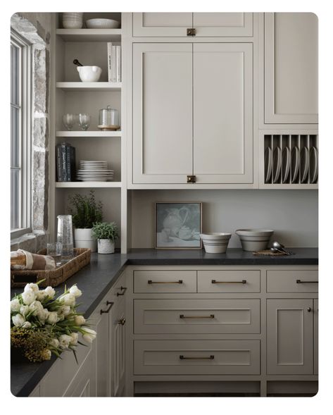 Mcgee Kitchen, Taupe Kitchen Cabinets, Studio Mcgee Kitchen, The Mcgee Home, Taupe Kitchen, Beige Cabinets, Black Countertops, Beige Kitchen, Kitchen Cabinet Colors