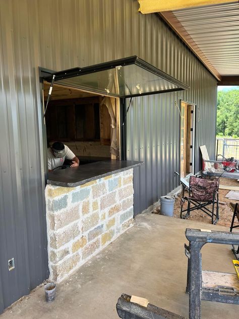 Metal Garage Buildings, Outdoor Shower Enclosure, Metal Garage, Kitchen Garage, Lakeside Cottage, Metal Garages, Backyard Bar, Backyard Kitchen, Shop Kitchen