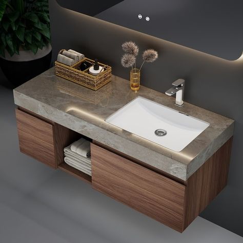 47.6 Single Bathroom faux marble Vanity with Top - On Sale - Bed Bath & Beyond - 40525856 Hanging Bathroom Cabinet, Townhouse Bathroom, Bathroom Upstairs, Stone Vanity, Mid Century Modern Bathroom, Stone Bathroom, Bathroom Redesign, Marble Vanity, Floating Vanity