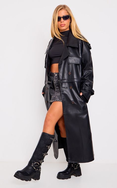 Leather Raincoat, 2000s Style Outfits, 2000s Inspired Outfits, Faux Leather Trench Coat, Grey Tracksuit, Outwear Fashion, 2000s Style, Leather Trench, Long Trench Coat