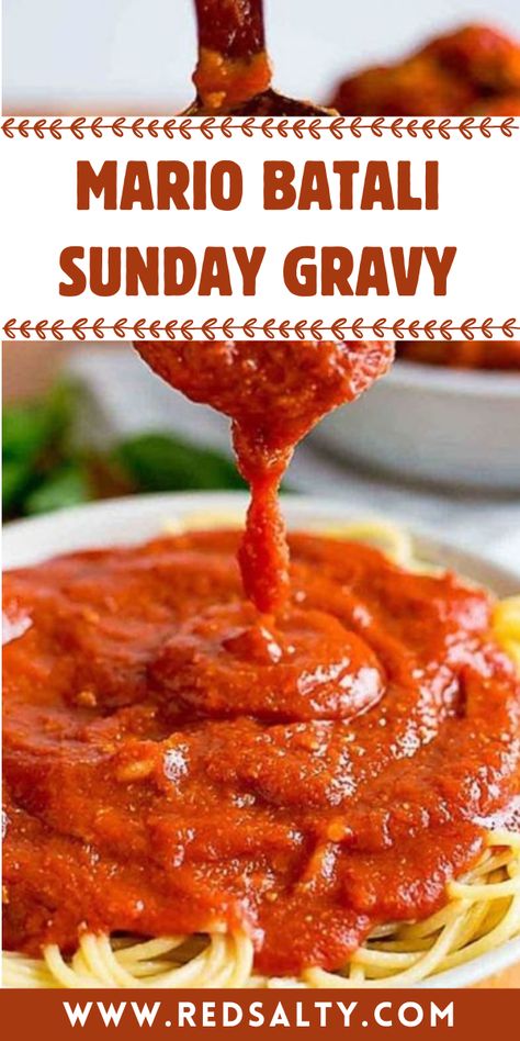 Here is a mouthwatering Mario Batali Sunday Gravy Recipe to make your Sunday nights more interesting. Sunday Gravy Recipe Italian, Sunday Sauce Italian, Sunday Gravy Recipe, Pepper Cookies Recipe, Orange Roughy Recipes, Mario Batali Recipes, Italian Gravy, Sunday Gravy, Loaded Mashed Potatoes